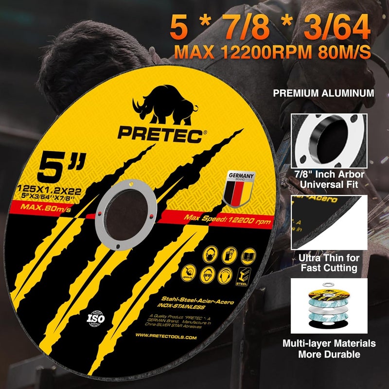 PRETEC Cut Off Wheels 5", 50+5 Pack Metal Cutting Wheel,Thin 125mm Metal & Stainless Steel Fast Cutting Discs for Angle Grinder - 7/8" Arbor Hole, 5" x 1/24" x 7/8" 55 PCS - Image 2